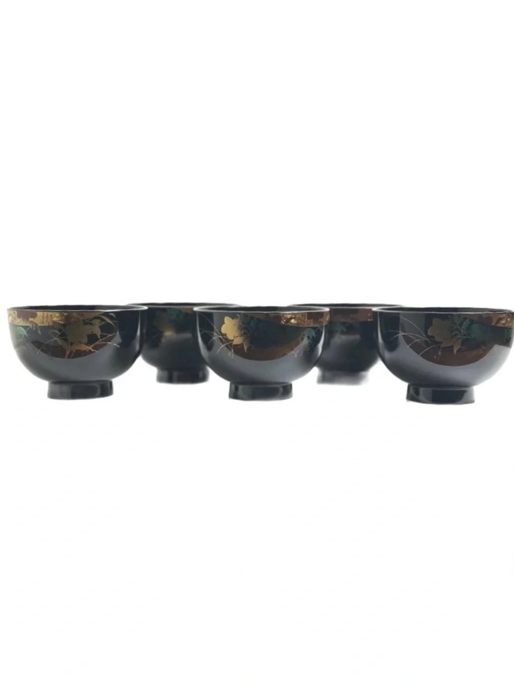 Set of 5 Vintage Black Lacquered Japanese Tea Bowls with Gold Leaf Design